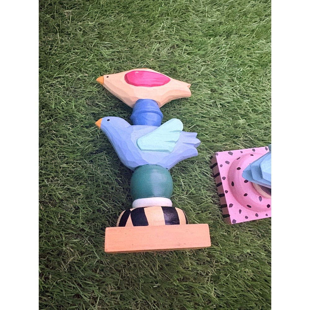 Hand Painted Wooden Bird‎ Totem Candle Holder Set Whimsical Folk Art Decor 2pc